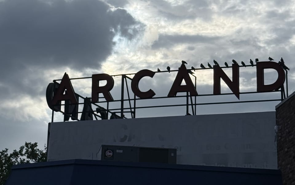 Birds sit on a sign saying “ARCAND” as storm clouds loom overhead. (This was a very hot day.) 
