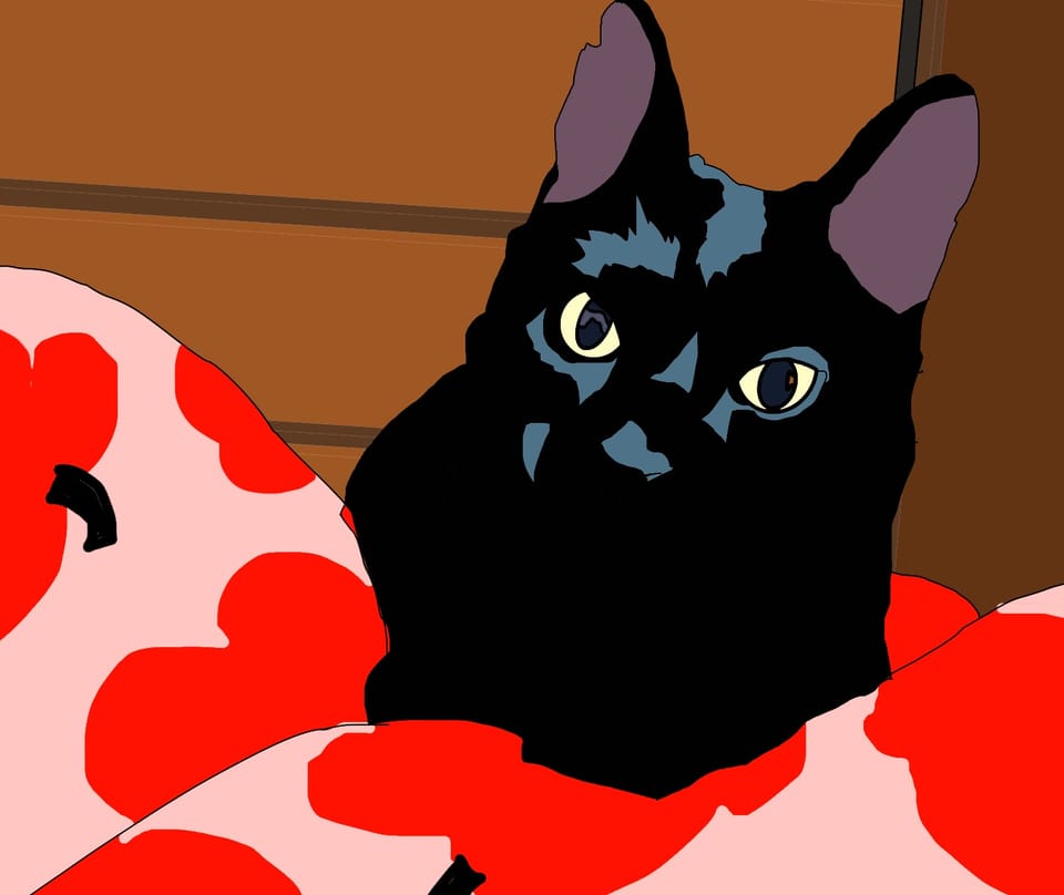 A black cat sits on a white blanket covered in red flowers. 